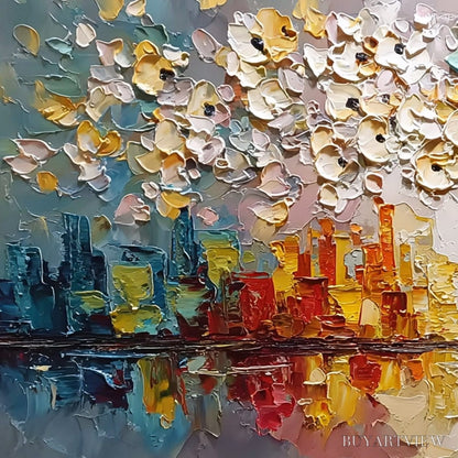 BUYARTVIEW Urban Blossom – Textured Palette Knife Cityscape Reflection Painting - image 3