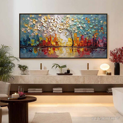 BUYARTVIEW Urban Blossom – Textured Palette Knife Cityscape Reflection Painting - image 4