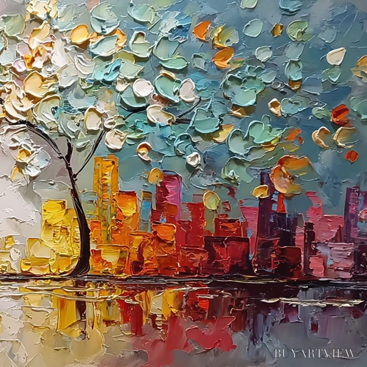 BUYARTVIEW Urban Blossom – Textured Palette Knife Cityscape Reflection Painting - image 5