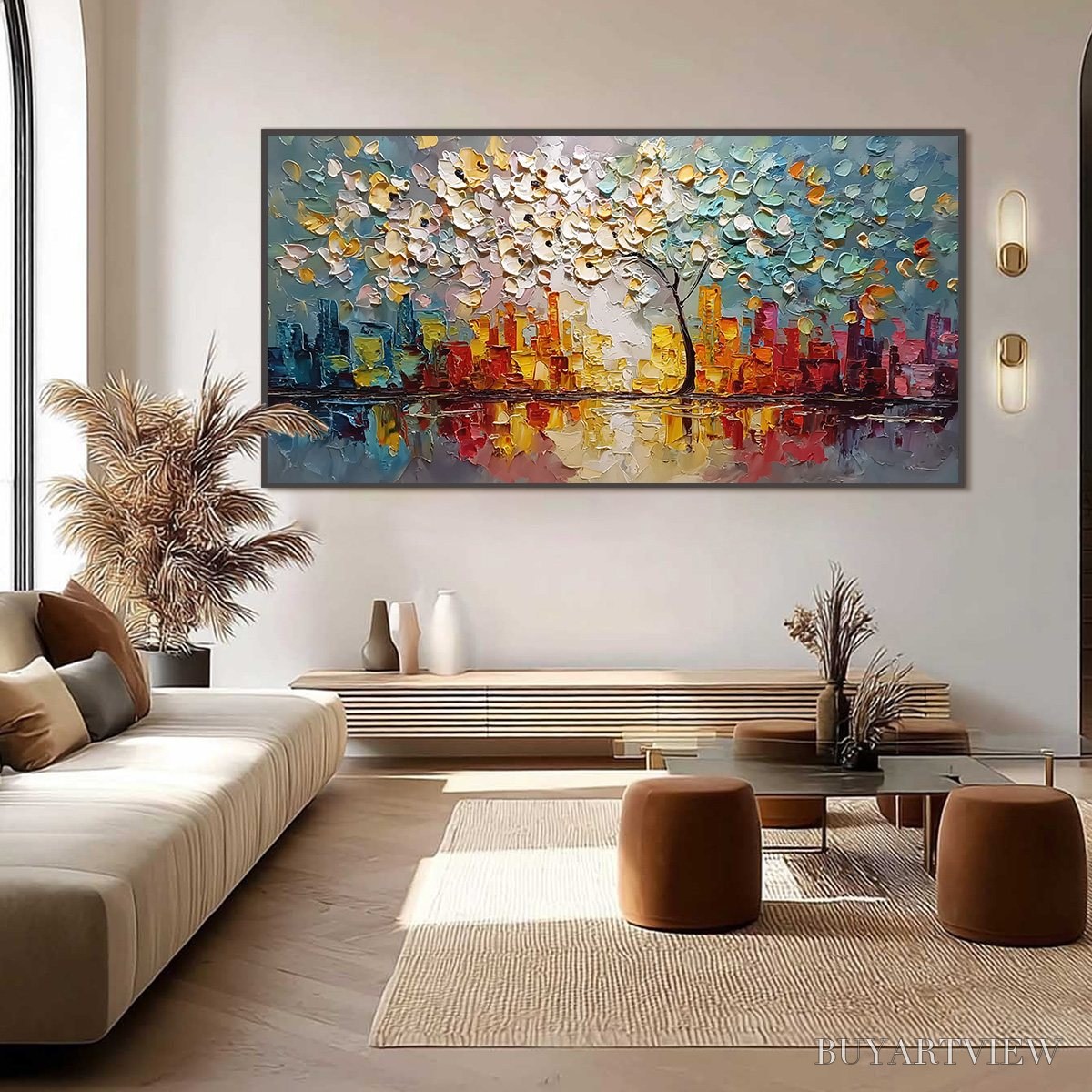 BUYARTVIEW Urban Blossom – Textured Palette Knife Cityscape Reflection Painting - image 6