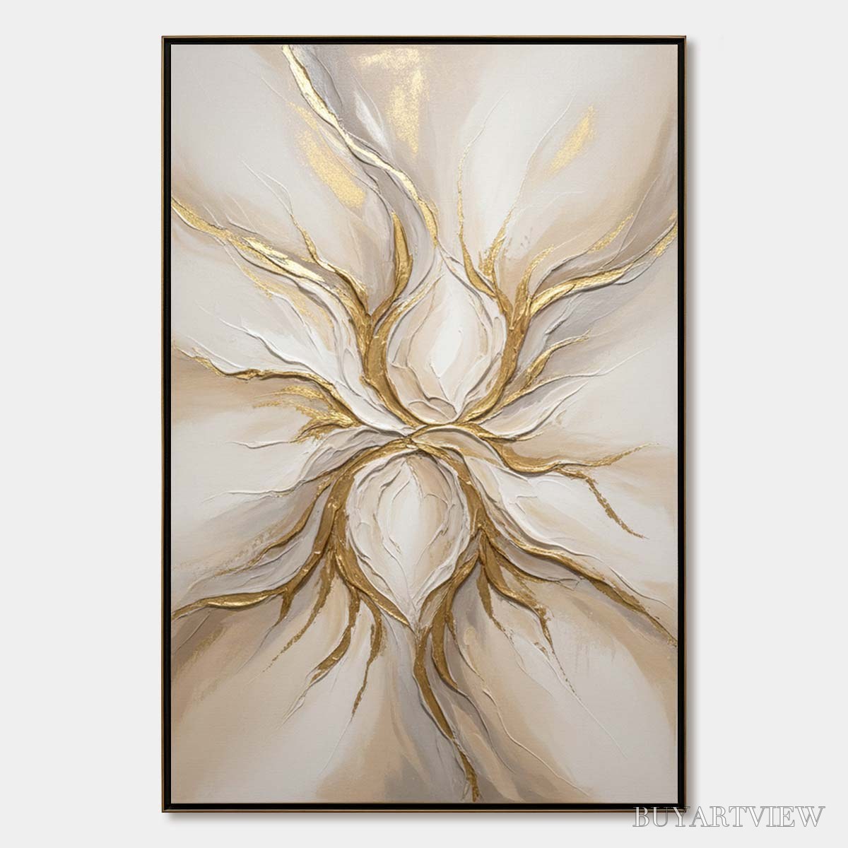 BUYARTVIEW Ethereal Bloom – Textured Gold & White Abstract Floral Painting - image 1