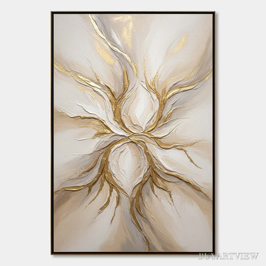 BUYARTVIEW Ethereal Bloom – Textured Gold & White Abstract Floral Painting - image 1