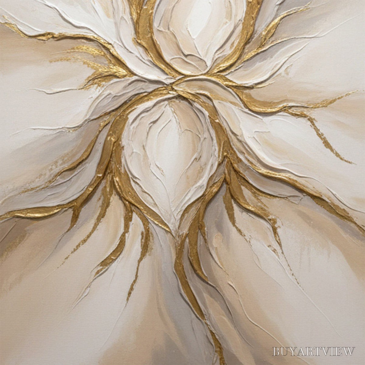 BUYARTVIEW Ethereal Bloom – Textured Gold & White Abstract Floral Painting - image 3