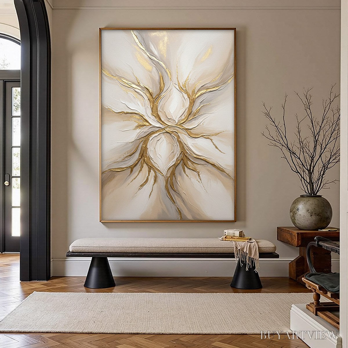 BUYARTVIEW Ethereal Bloom – Textured Gold & White Abstract Floral Painting - image 4