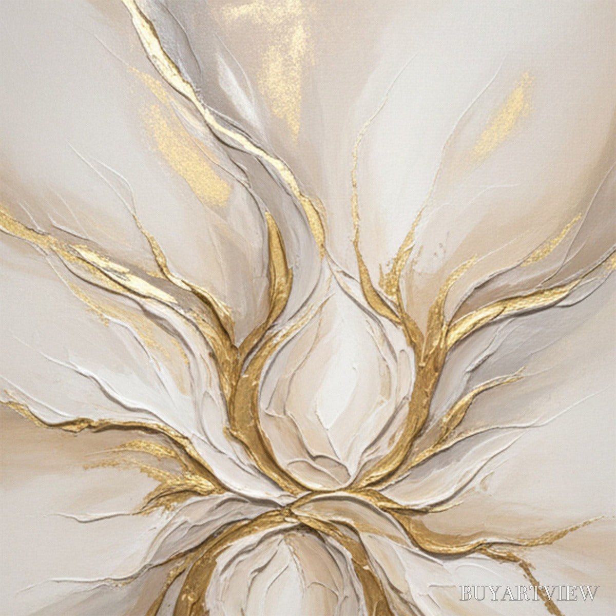 BUYARTVIEW Ethereal Bloom – Textured Gold & White Abstract Floral Painting - image 5