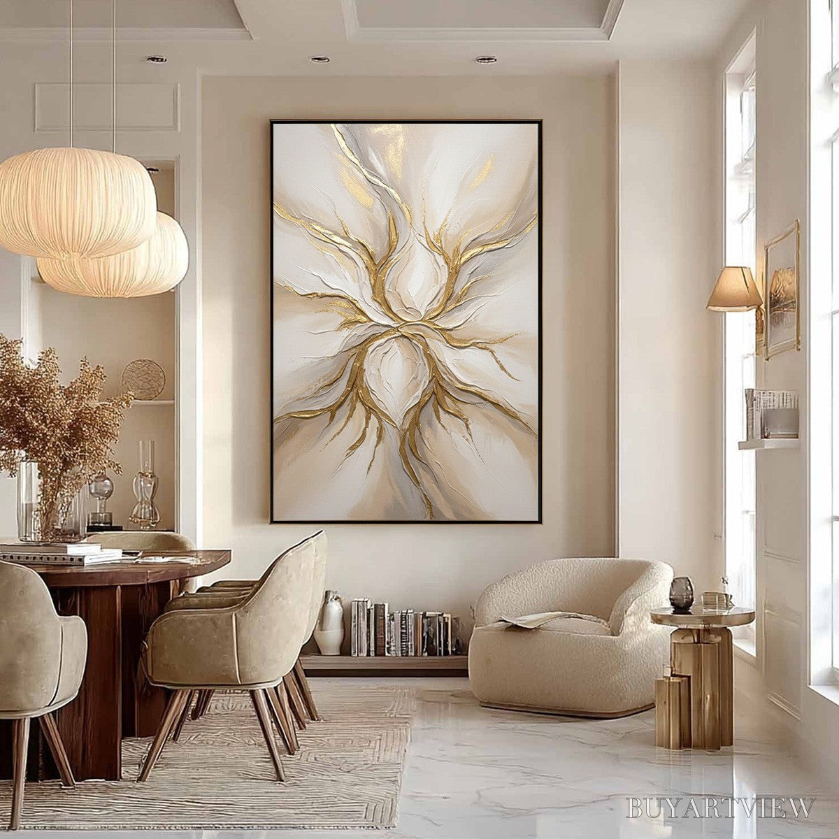 BUYARTVIEW Ethereal Bloom – Textured Gold & White Abstract Floral Painting - image 6