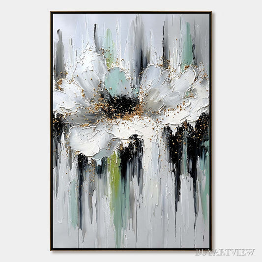 BUYARTVIEW Celestial Bloom – Heavily Textured Abstract Floral Painting with Golden Accents - image 1