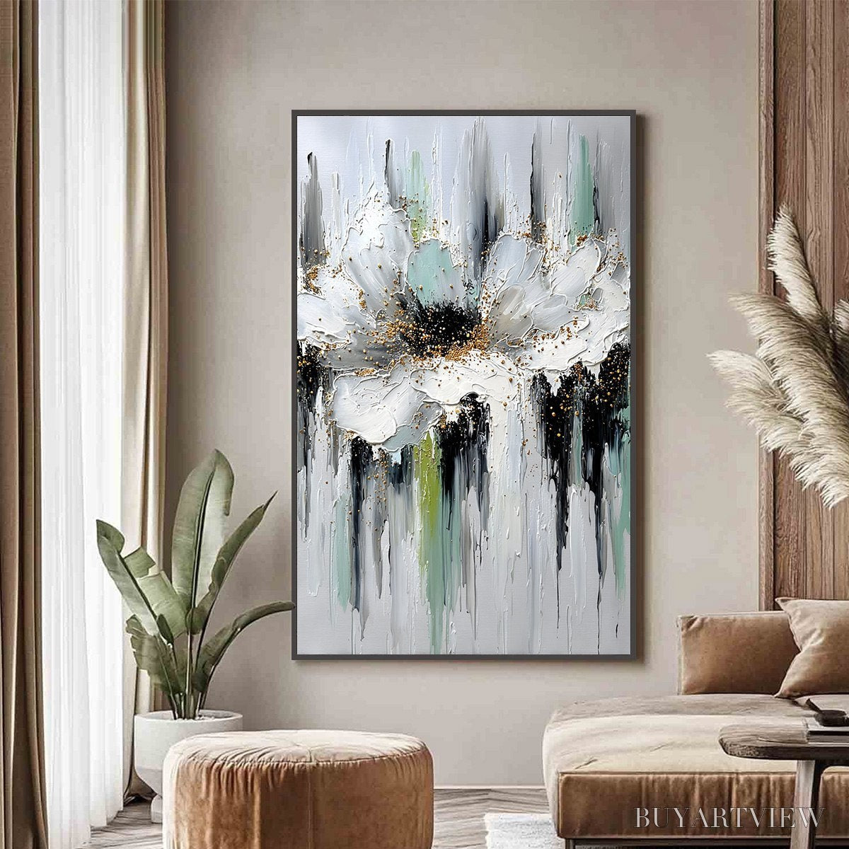 BUYARTVIEW Celestial Bloom – Heavily Textured Abstract Floral Painting with Golden Accents - image 2