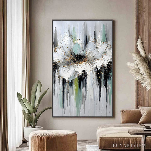 BUYARTVIEW Celestial Bloom – Heavily Textured Abstract Floral Painting with Golden Accents - image 2