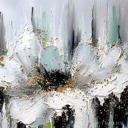 BUYARTVIEW Celestial Bloom – Heavily Textured Abstract Floral Painting with Golden Accents - image 3