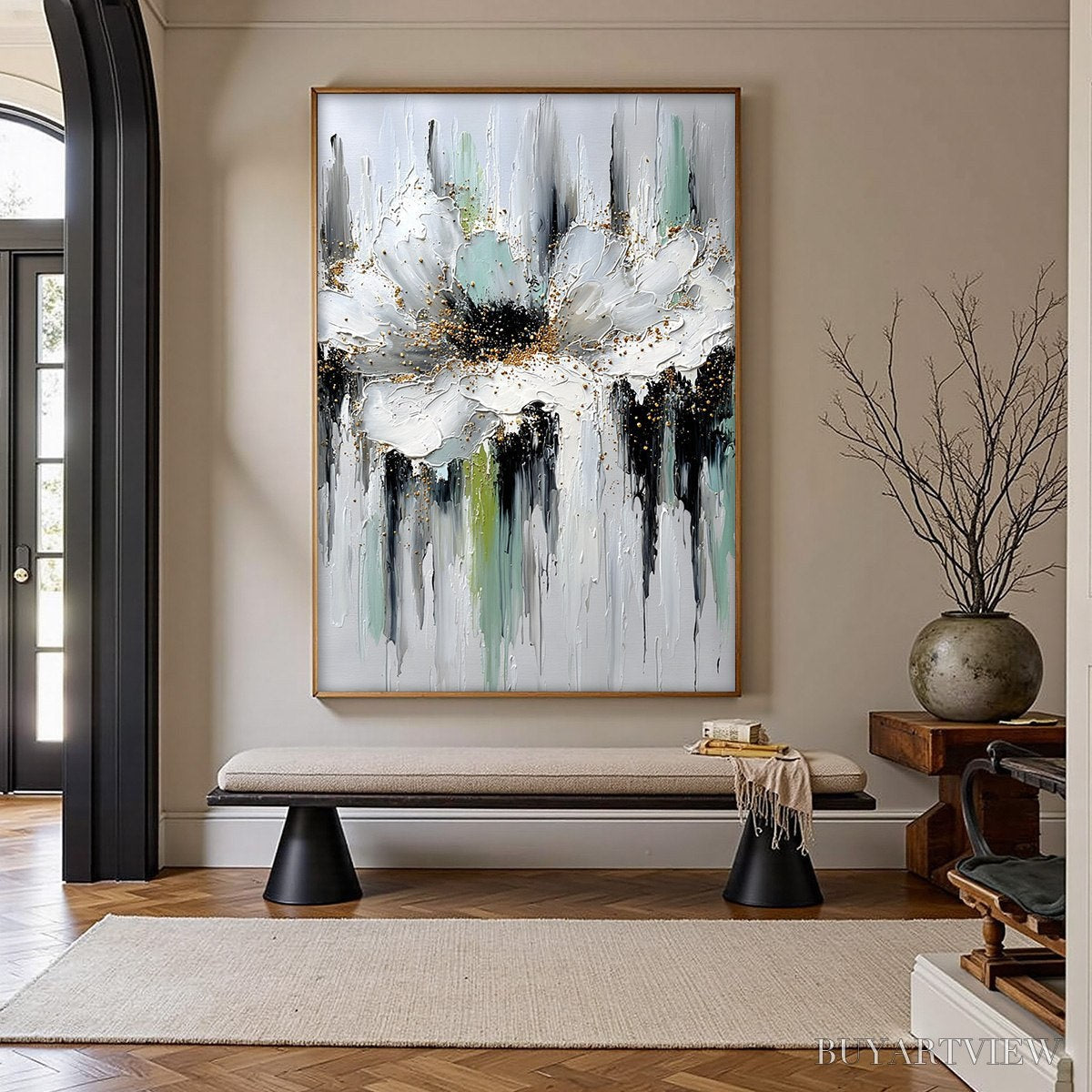 BUYARTVIEW Celestial Bloom – Heavily Textured Abstract Floral Painting with Golden Accents - image 4