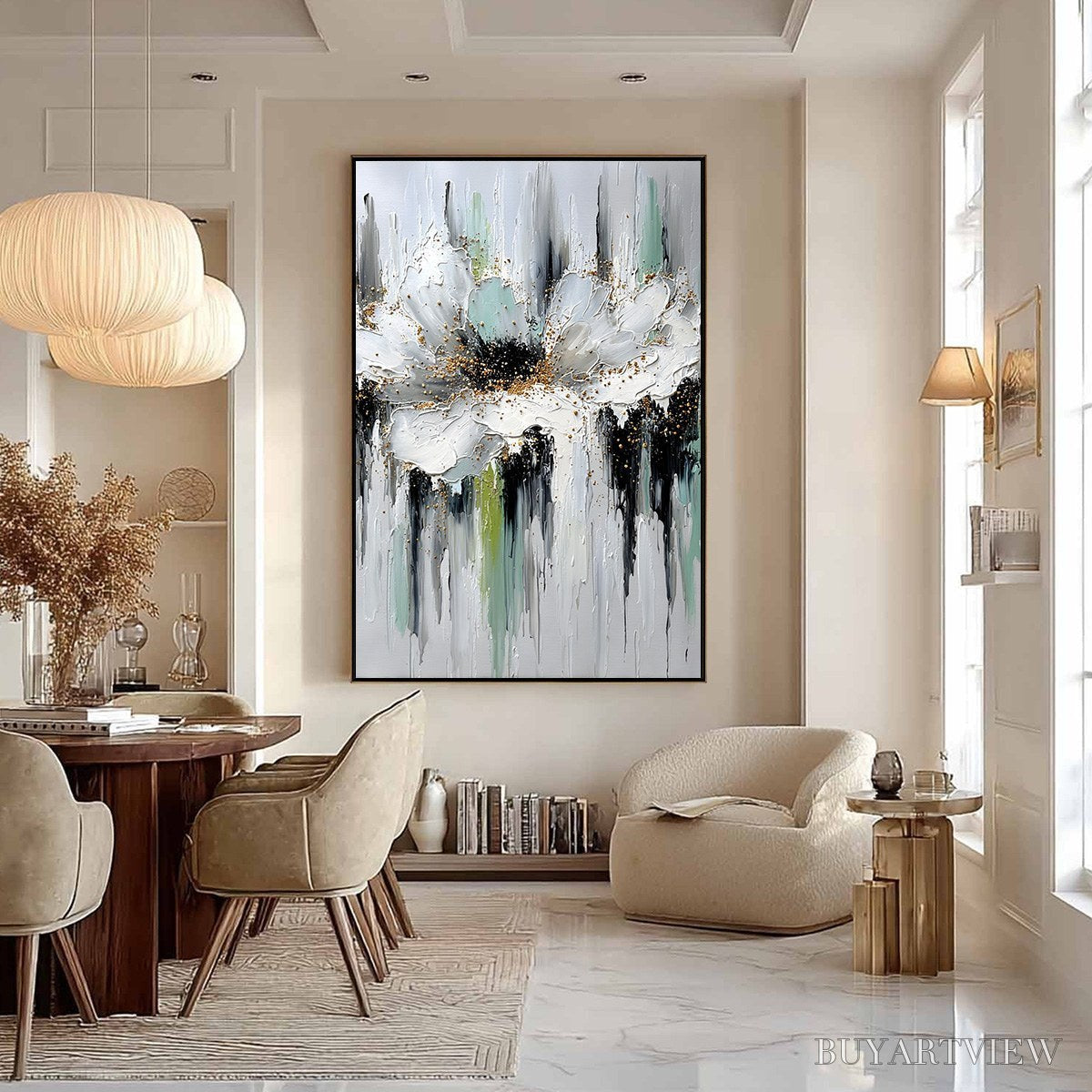 BUYARTVIEW Celestial Bloom – Heavily Textured Abstract Floral Painting with Golden Accents - image 6