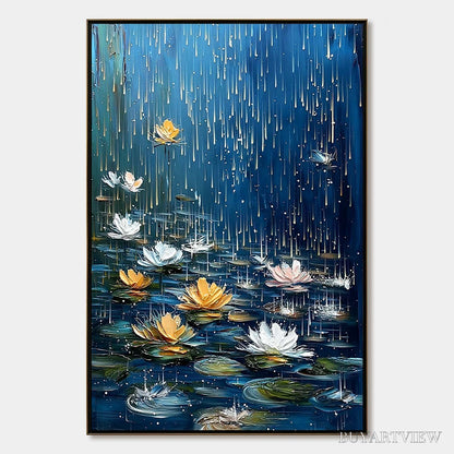 BUYARTVIEW Celestial Rain – Textured Impasto Painting of Water Lilies in Rain - image 1