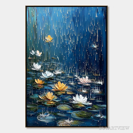 BUYARTVIEW Celestial Rain – Textured Impasto Painting of Water Lilies in Rain - image 1