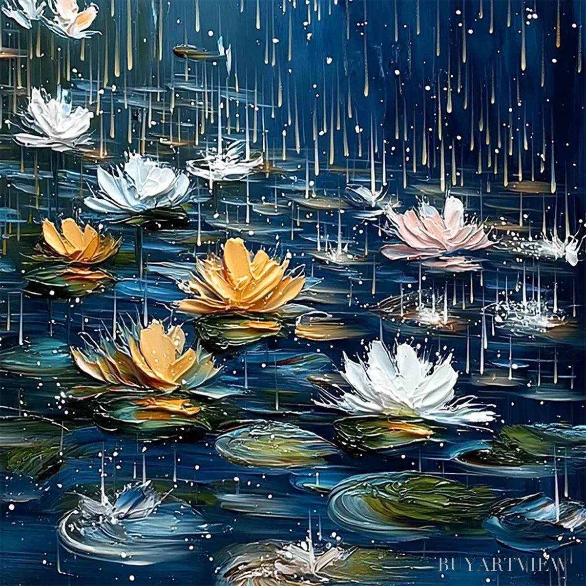 BUYARTVIEW Celestial Rain – Textured Impasto Painting of Water Lilies in Rain - image 3