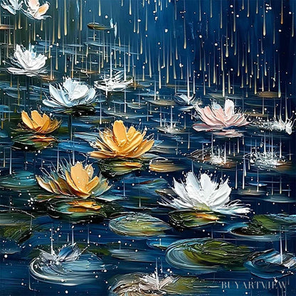BUYARTVIEW Celestial Rain – Textured Impasto Painting of Water Lilies in Rain - image 3