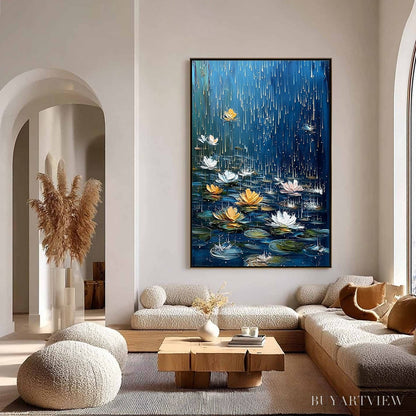 BUYARTVIEW Celestial Rain – Textured Impasto Painting of Water Lilies in Rain - image 4