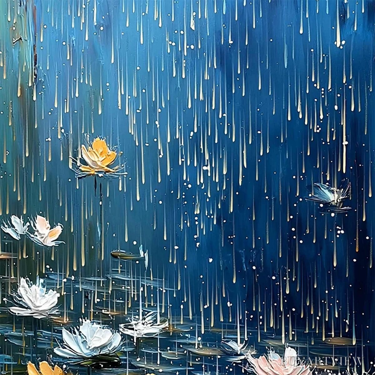 BUYARTVIEW Celestial Rain – Textured Impasto Painting of Water Lilies in Rain - image 5