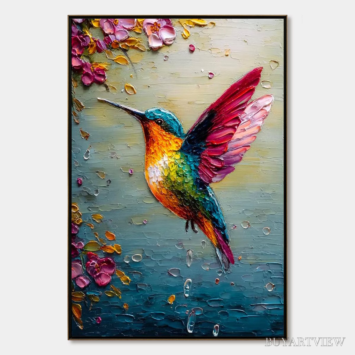 BUYARTVIEW Nectar Flight – Vibrant Impressionist Hummingbird Floral Oil Painting - image 1