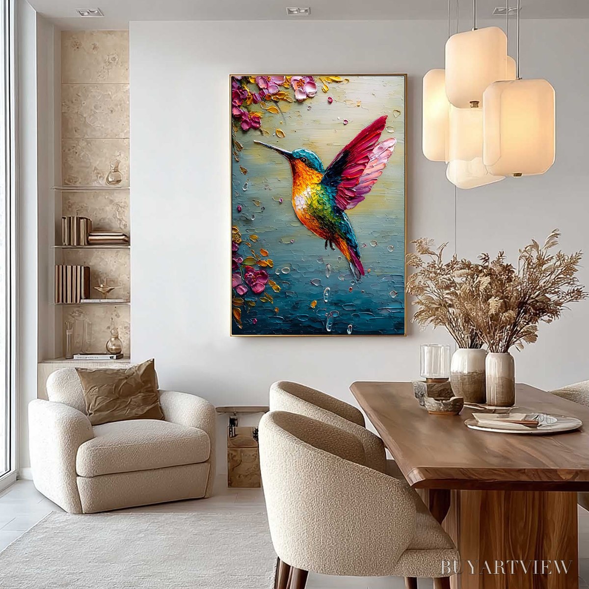 BUYARTVIEW Nectar Flight – Vibrant Impressionist Hummingbird Floral Oil Painting - image 2