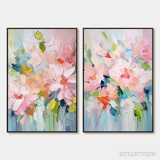 BUYARTVIEW Blossom Chorale – Textured Impressionist Floral Diptych Oil Painting - image 1