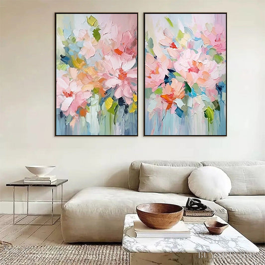 BUYARTVIEW Blossom Chorale – Textured Impressionist Floral Diptych Oil Painting - image 2