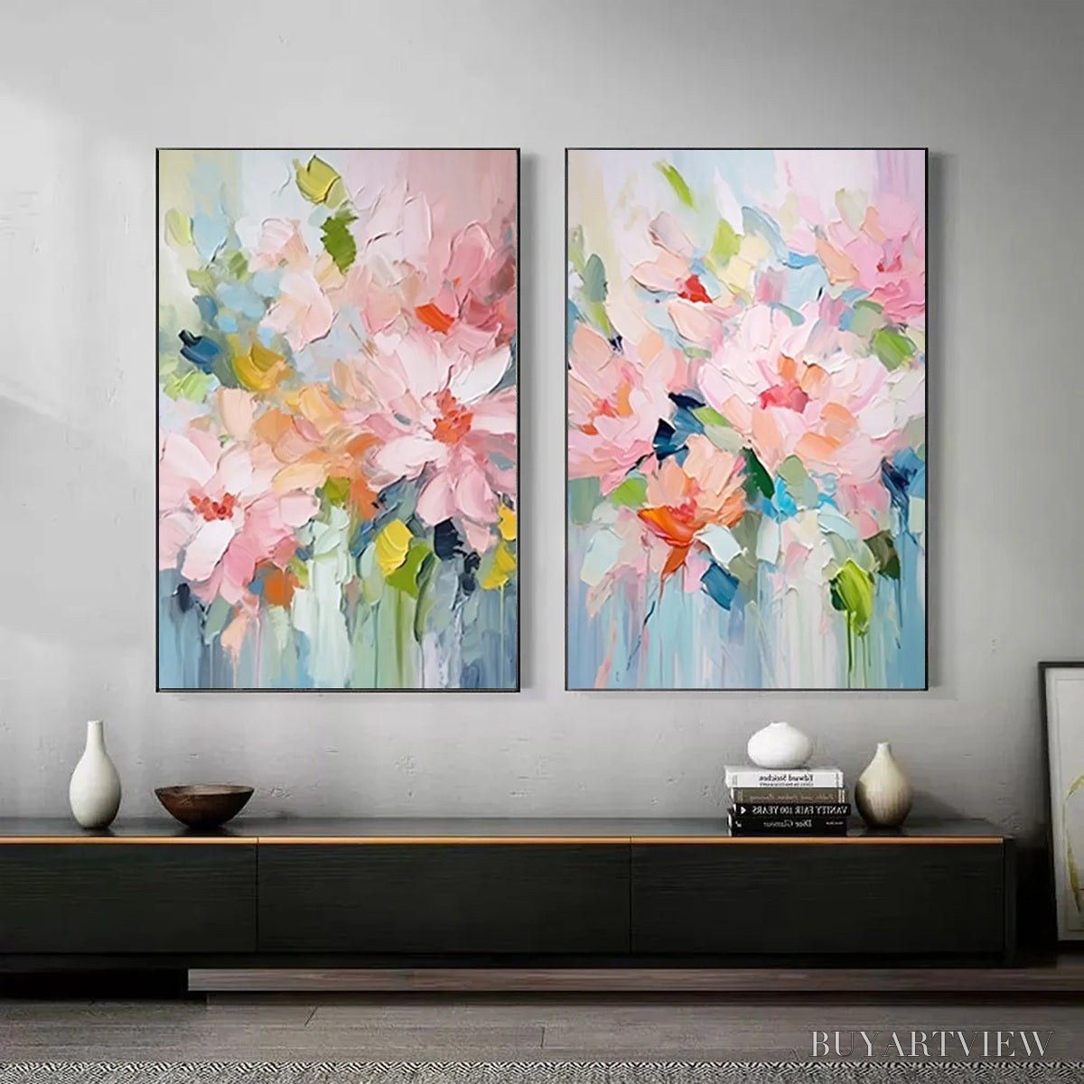 BUYARTVIEW Blossom Chorale – Textured Impressionist Floral Diptych Oil Painting - image 3
