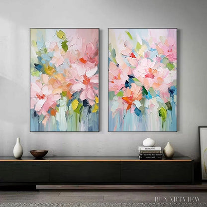 BUYARTVIEW Blossom Chorale – Textured Impressionist Floral Diptych Oil Painting - image 3