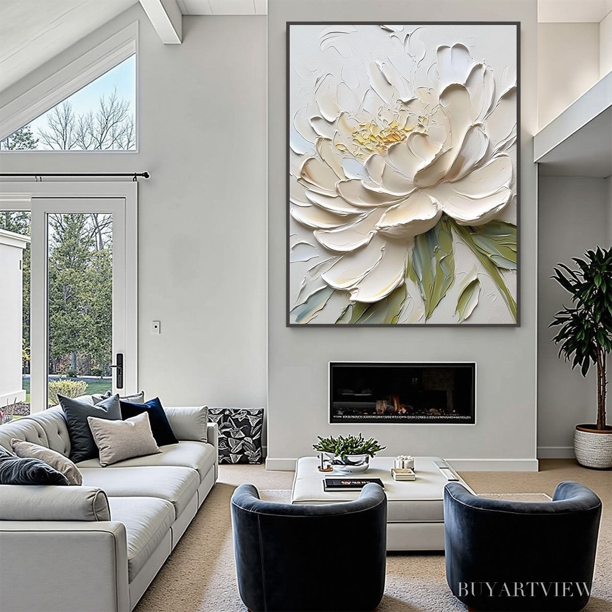 BUYARTVIEW Ivory Petals – Textured Impasto Peony Painting - image 2