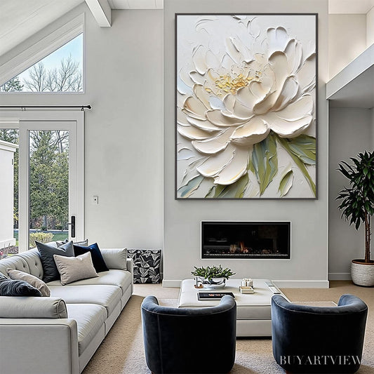 BUYARTVIEW Ivory Petals – Textured Impasto Peony Painting - image 2