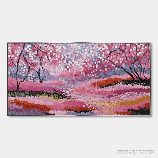 BUYARTVIEW Cherry Blossom Path – Textured Impasto Landscape Oil Painting - image 1