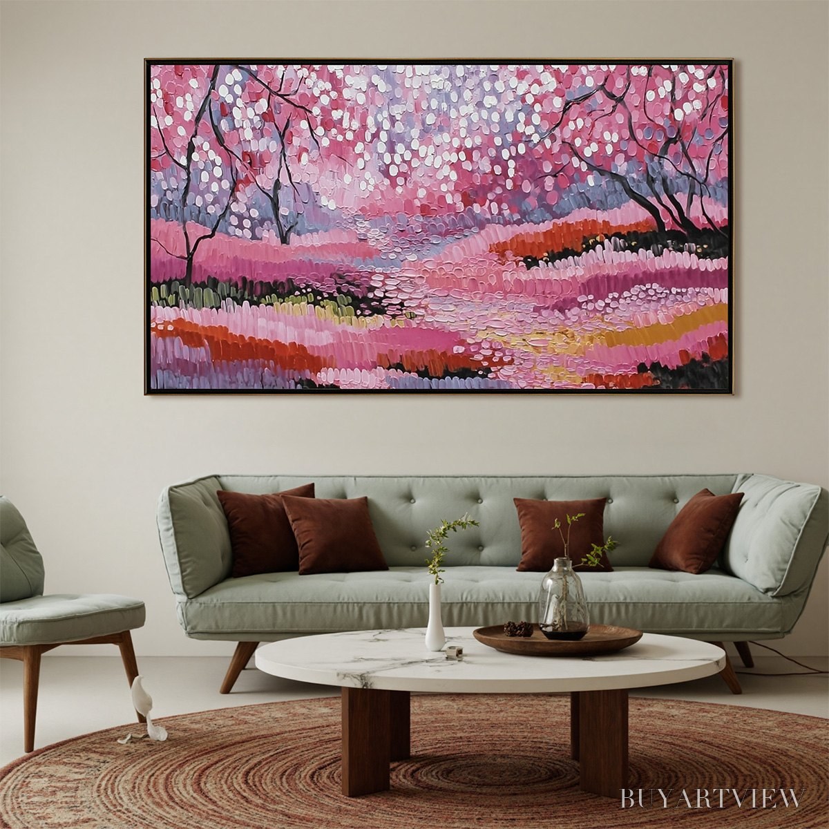 BUYARTVIEW Cherry Blossom Path – Textured Impasto Landscape Oil Painting - image 2