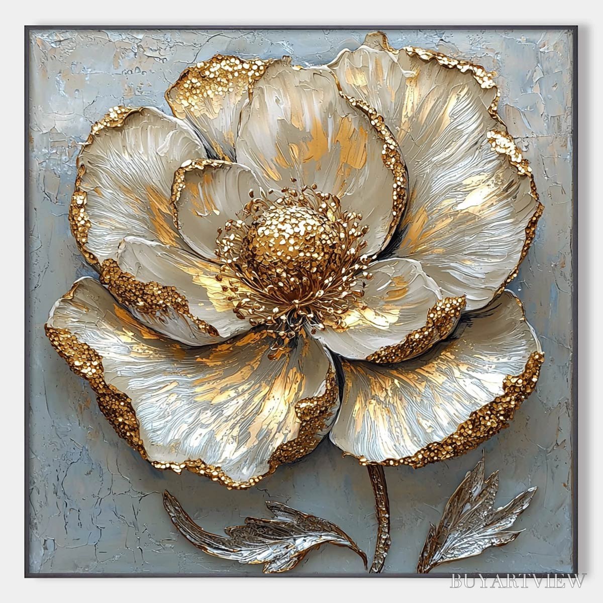 BUYARTVIEW Golden Bloom – Textured Impasto Floral Oil Painting with Gold Accents - image 1