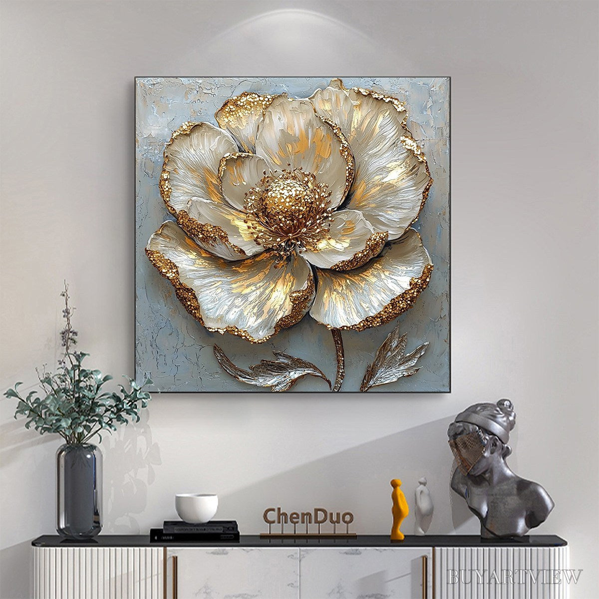 BUYARTVIEW Golden Bloom – Textured Impasto Floral Oil Painting with Gold Accents - image 2