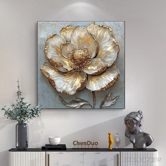 BUYARTVIEW Golden Bloom – Textured Impasto Floral Oil Painting with Gold Accents - image 2