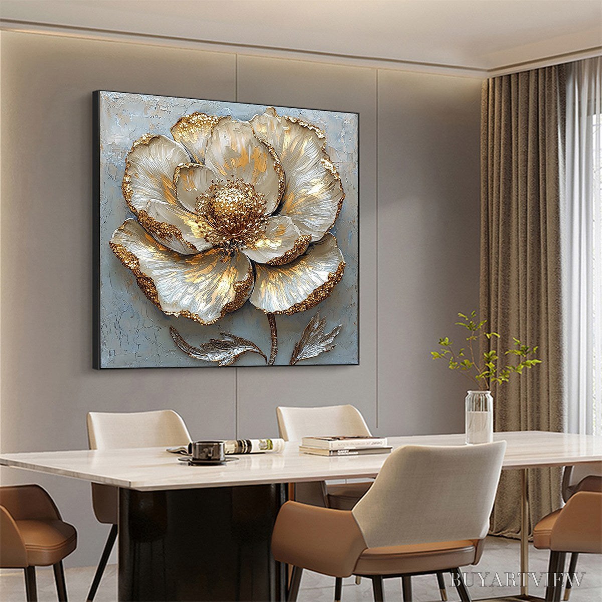 BUYARTVIEW Golden Bloom – Textured Impasto Floral Oil Painting with Gold Accents - image 4