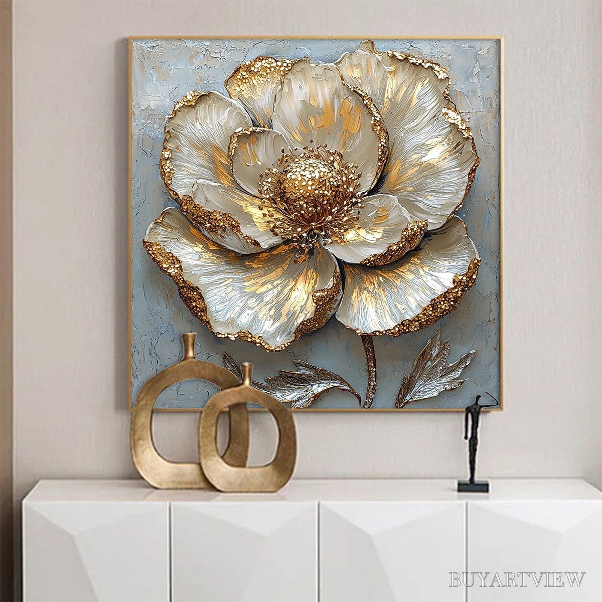 BUYARTVIEW Golden Bloom – Textured Impasto Floral Oil Painting with Gold Accents - image 5