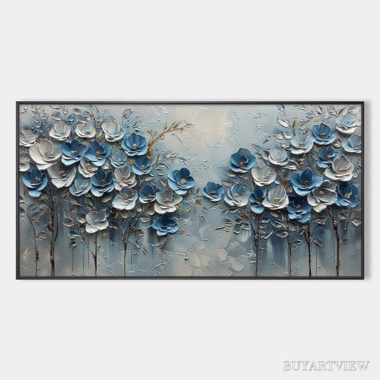 BUYARTVIEW Azure Blossoms – Textured Blue and Gold Floral Oil Painting - image 1