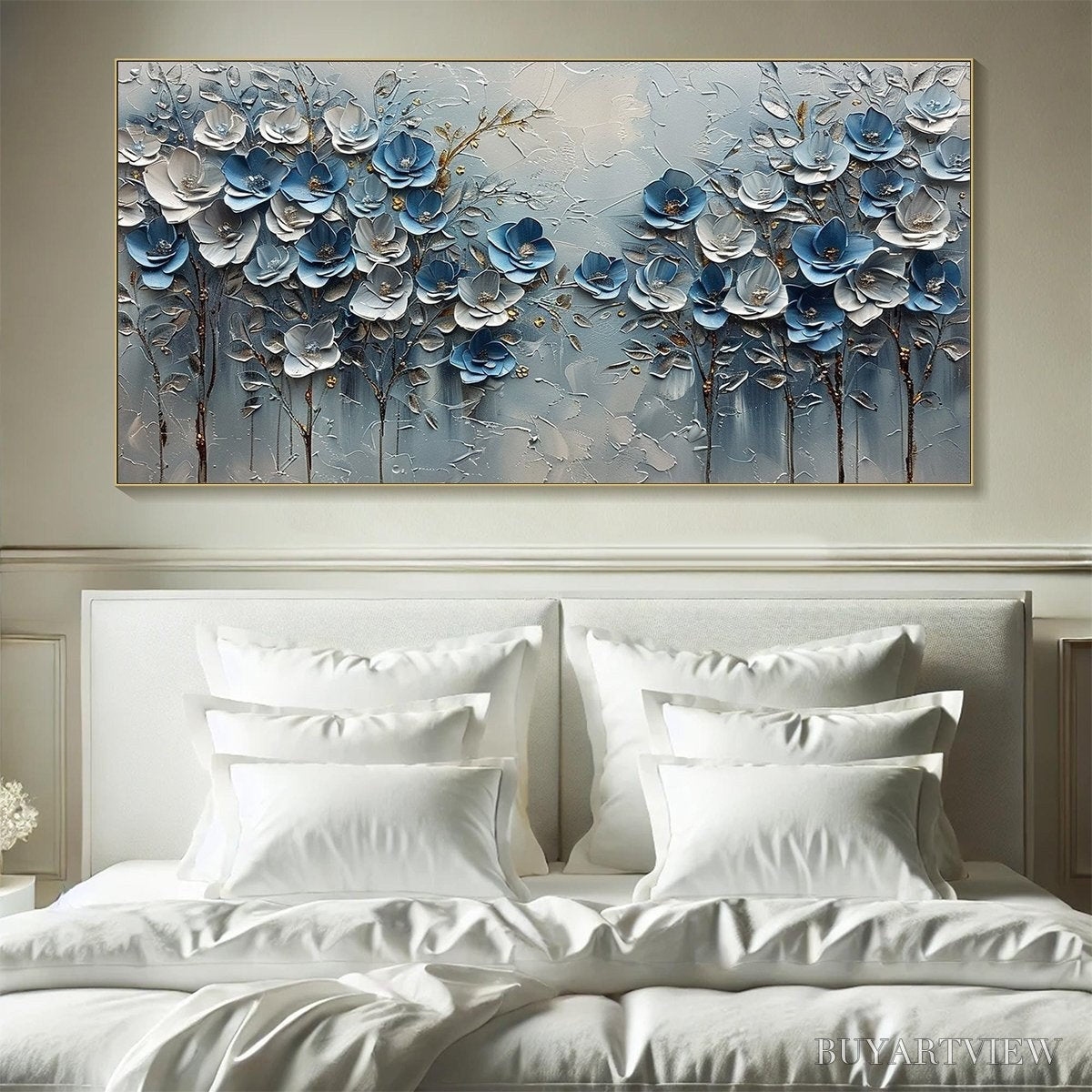 BUYARTVIEW Azure Blossoms – Textured Blue and Gold Floral Oil Painting - image 2