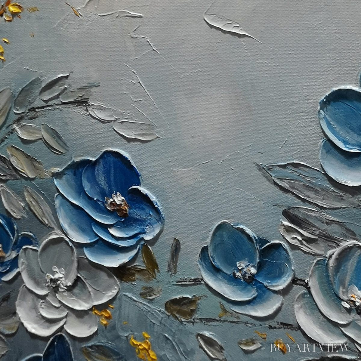 BUYARTVIEW Azure Blossoms – Textured Blue and Gold Floral Oil Painting - image 5