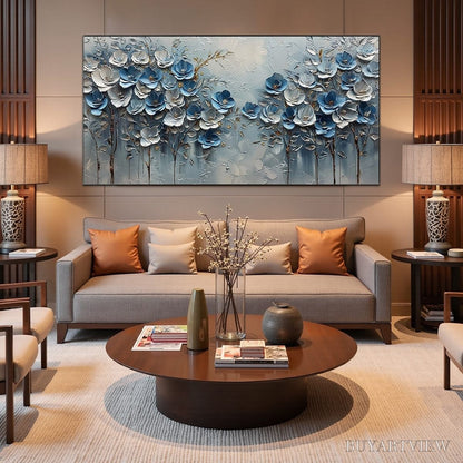 BUYARTVIEW Azure Blossoms – Textured Blue and Gold Floral Oil Painting - image 6