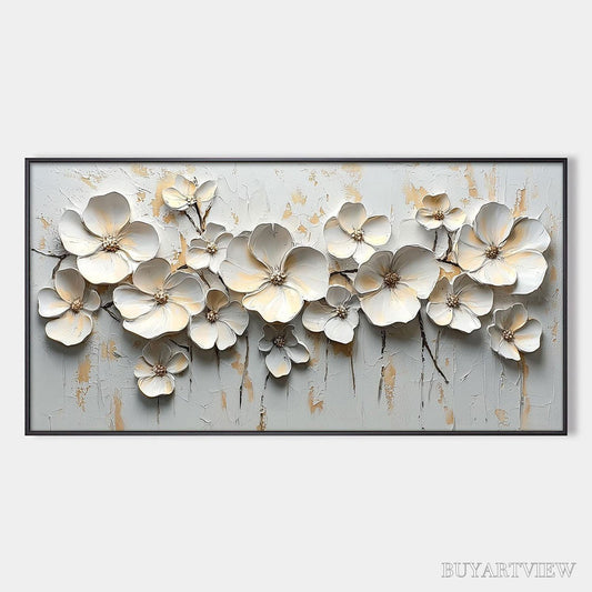BUYARTVIEW White Blossom Serenade – Textured 3D Floral Oil Painting - image 1