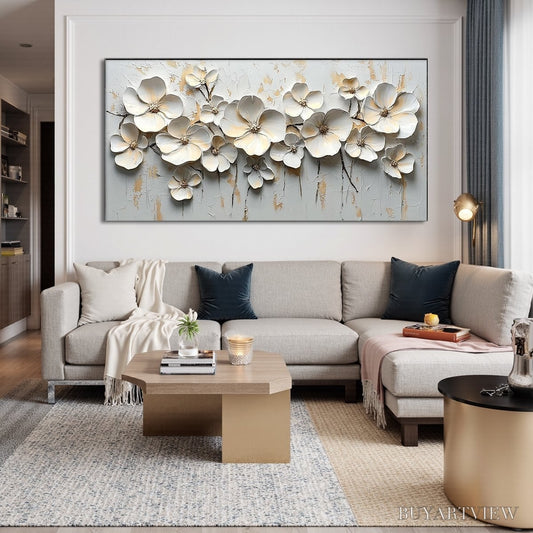 BUYARTVIEW White Blossom Serenade – Textured 3D Floral Oil Painting - image 2