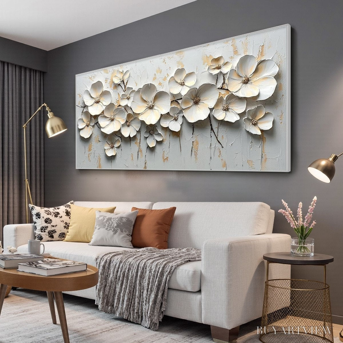 BUYARTVIEW White Blossom Serenade – Textured 3D Floral Oil Painting - image 4