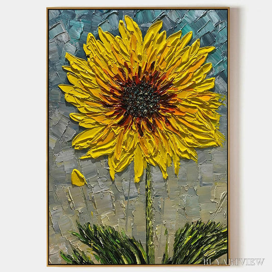 BUYARTVIEW Solar Bloom – Textured Impasto Sunflower Oil Painting in Yellow and Grey - image 1