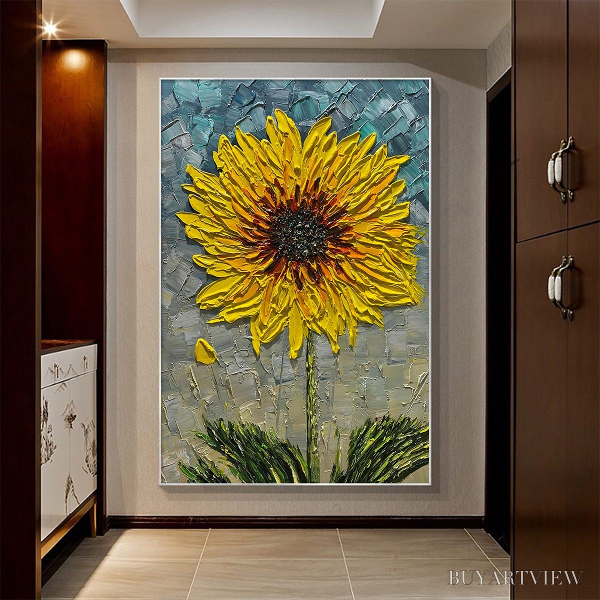 BUYARTVIEW Solar Bloom – Textured Impasto Sunflower Oil Painting in Yellow and Grey - image 2