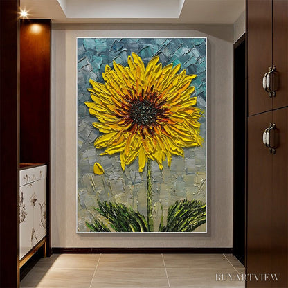 BUYARTVIEW Solar Bloom – Textured Impasto Sunflower Oil Painting in Yellow and Grey - image 2