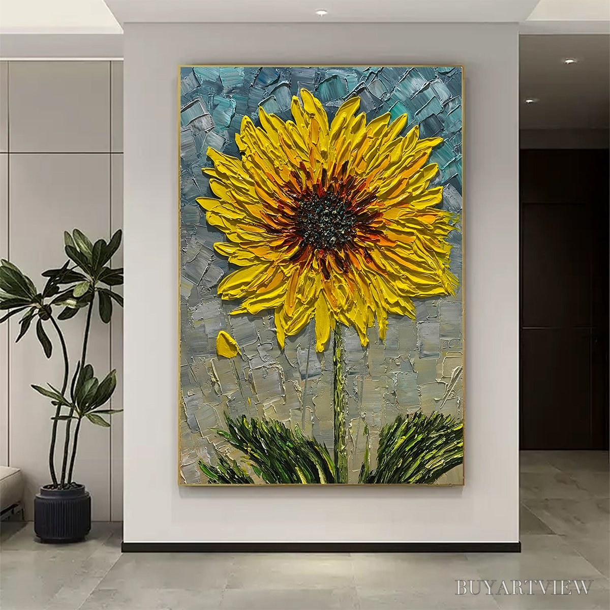 BUYARTVIEW Solar Bloom – Textured Impasto Sunflower Oil Painting in Yellow and Grey - image 4