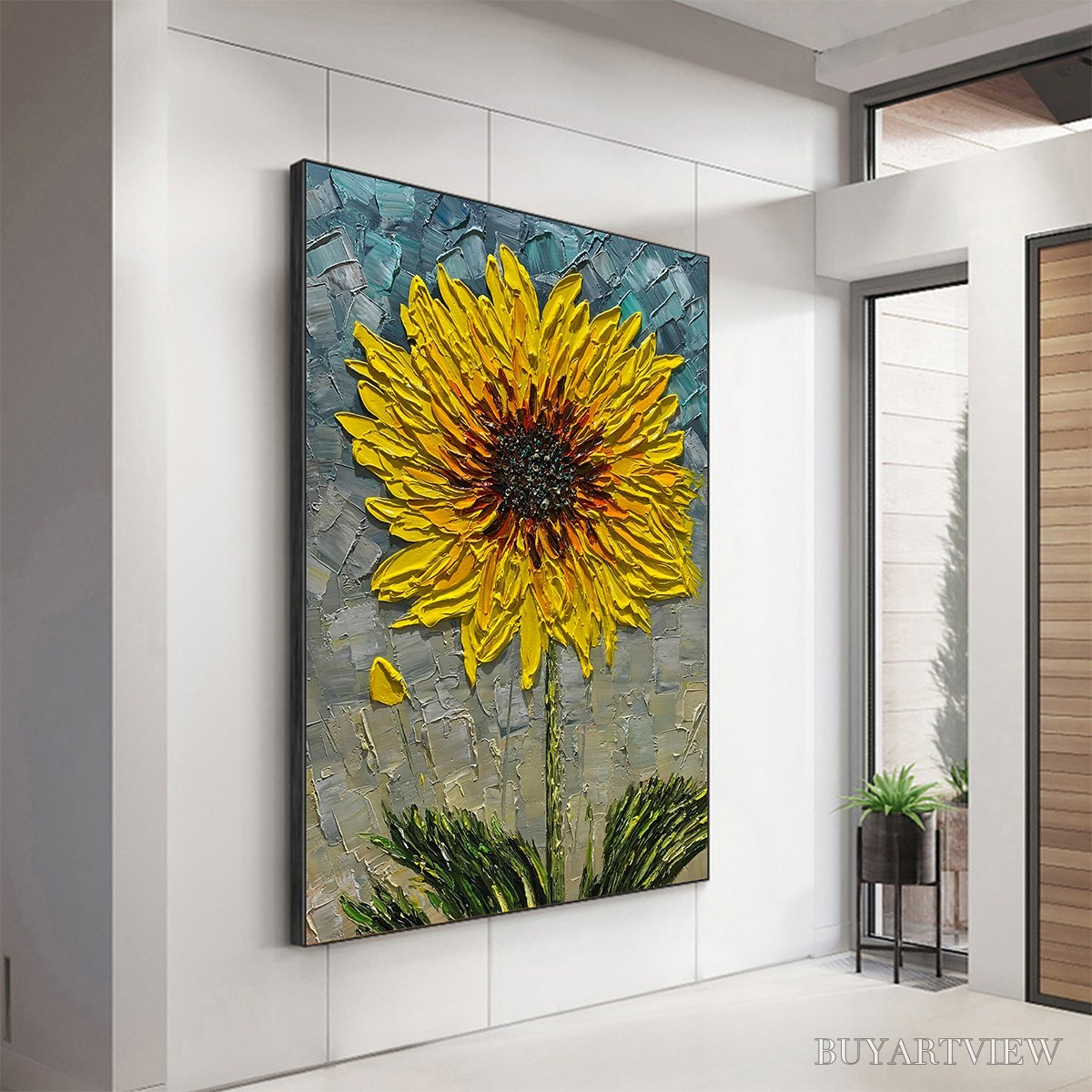 BUYARTVIEW Solar Bloom – Textured Impasto Sunflower Oil Painting in Yellow and Grey - image 5