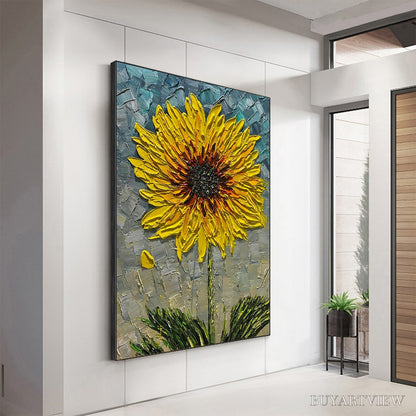 BUYARTVIEW Solar Bloom – Textured Impasto Sunflower Oil Painting in Yellow and Grey - image 5